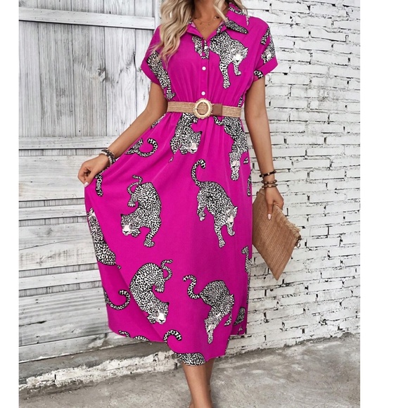 Plus leopard Print Button Cuff Short Sleeve Shirt Dress - Picture 3 of 6